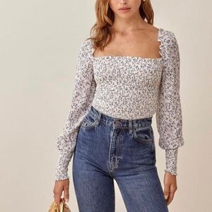 Reformation Pinto Top Blue Floral Smocked Milkmaid Long Sleeve Blouse Size L